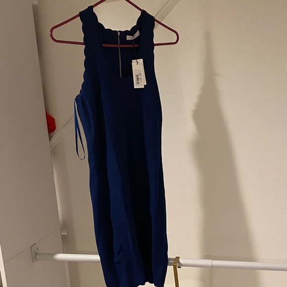 Style Arc Dresses & Skirts - Scalloped Strap Midi Elisa Dress in Navy Blue